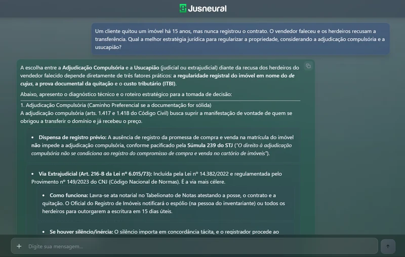 Chat Jusneural-2.5 PRO com uma consulta sobre regularização de imóvel e uma resposta jurídica estruturada